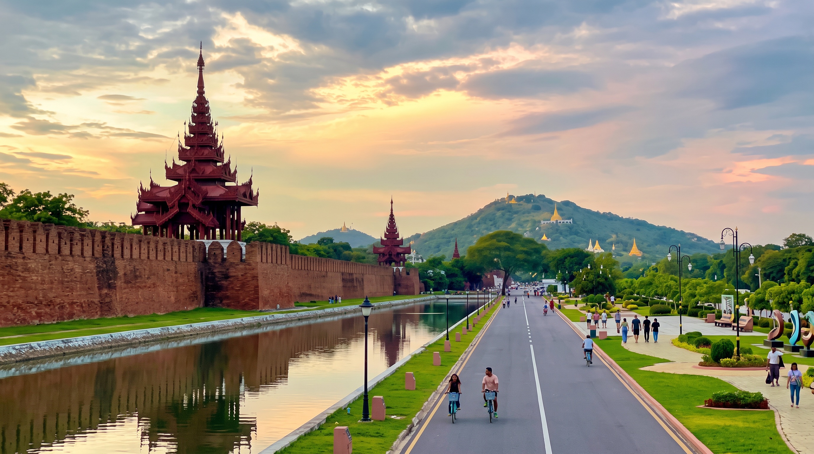 Illustration of Mandalay Palace grounds at sunset