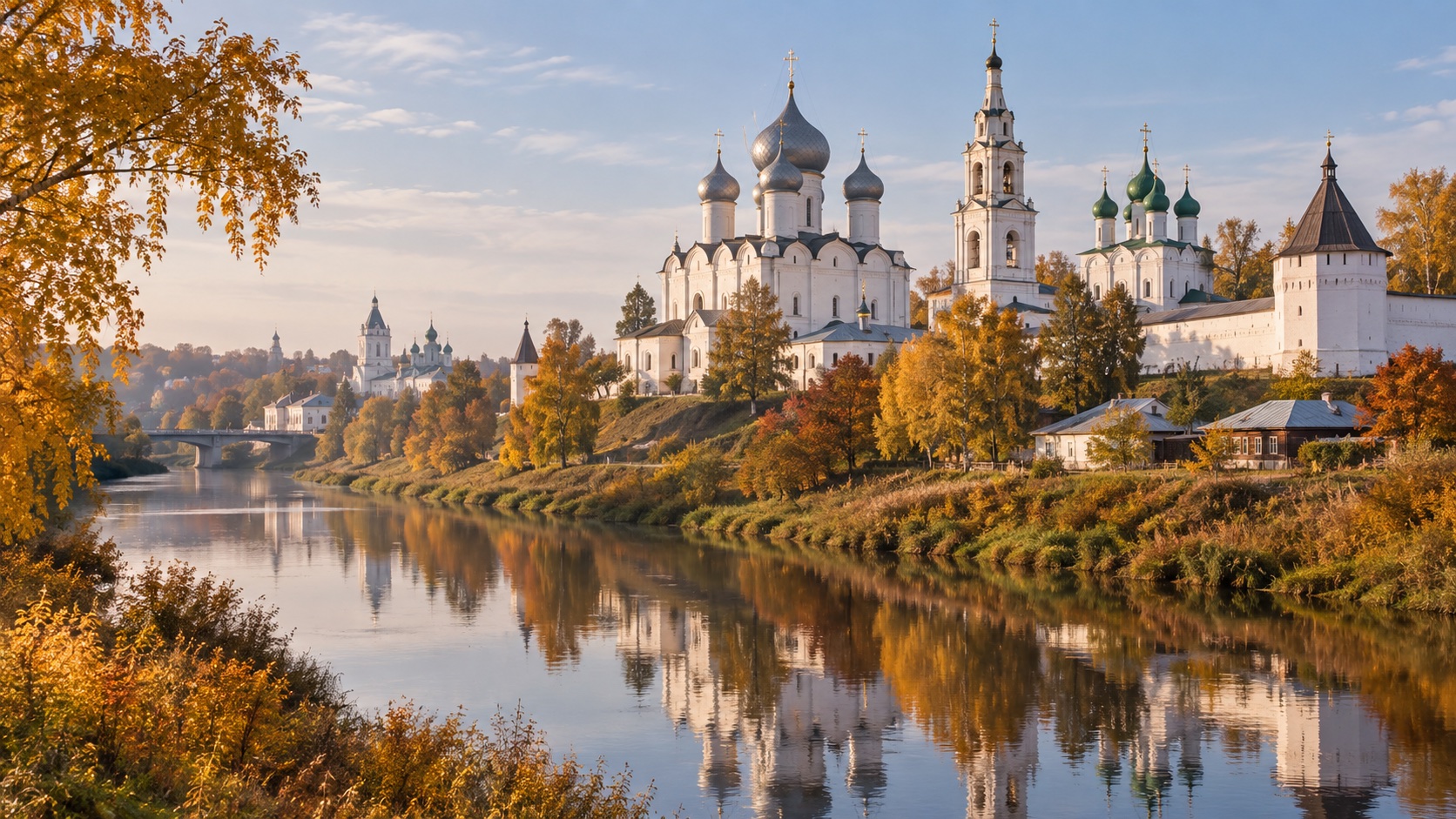 Illustration of a historic Russian town along a river